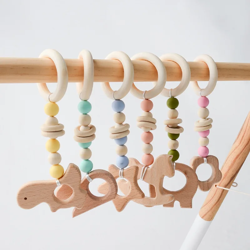 

Wooden Baby Frame Pendant Wooden Ring Silicone Beads Teether Stroller Rattle Infants Newborn Teething Nursing Molar Hanging Toys