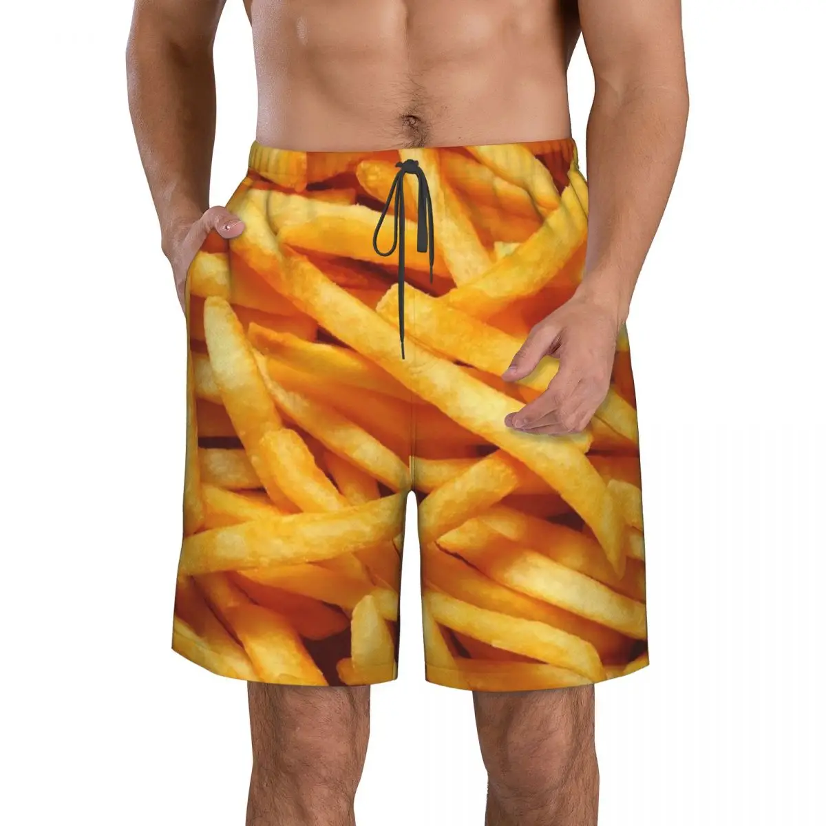 

3D Food Fries Shorts for Men Polyester Mesh Lining Funny Beach Pants Board Shorts Quick Dry Swim Shorts Summer Vacation
