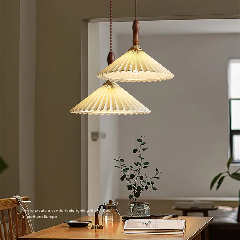

French Restaurant Creative Small Chandelier Nordic Walnut Wood Pendant Lamp Living Room Bedroom Study Fabric LED Pendant Lights
