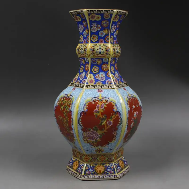 

Шестигранная эмалированная золотистая Цветочная ваза Qing Yong Zheng с символикой года знака, домашняя мебель, антикварные фарфоровые украшения, ...