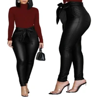 2022 new belt high waist pencil pant women faux leather pu sashes long trousers casual sexy fashion pants