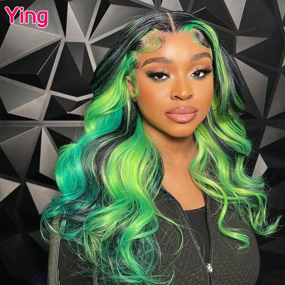 Green Highlight 13x6 Lace Front Wig Body Wave Colored Human Hair Wigs Pre Plucked Transparent Peruvian Remy Hair For Black Women