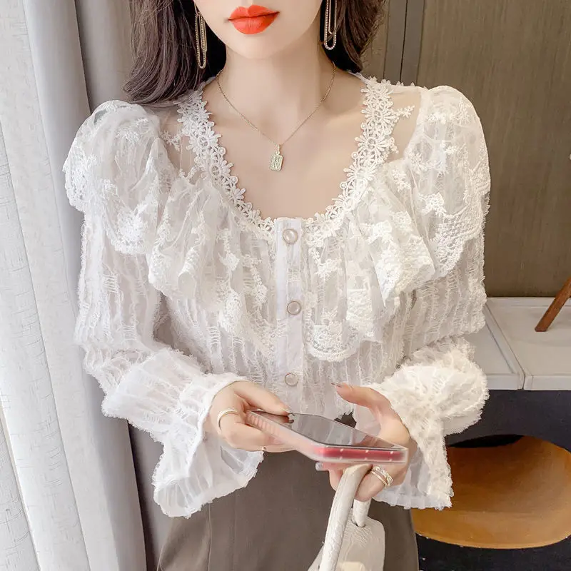 

Lace Ruffles Chiffon Shirts Women's Clothing 2022 Autumn Spring New Office Lady Long Sleeve V-neck Vintage Elegant Blouses C155