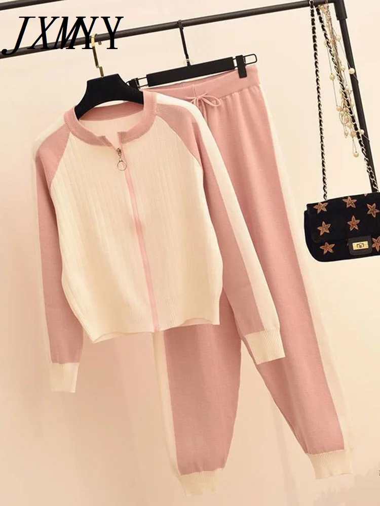 Casual Two-Piece Sweater Cardigan Jacket Women Autumn New Womens Knitted Suit Fashion Baseball Sports Zip Top And Pants Set