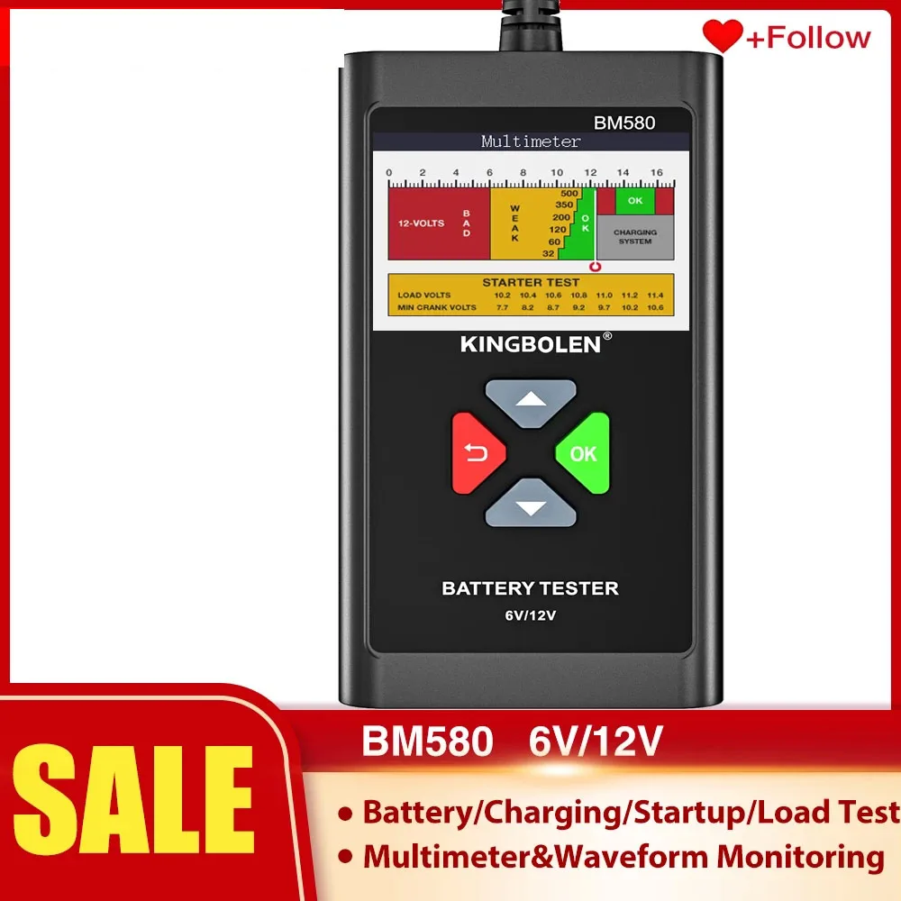 

Car Battery Tester Analyzer KINGBOLEN BM580 6V 12V Cranking Charging Test 100-2000 CCA Electronic Load battery Testers