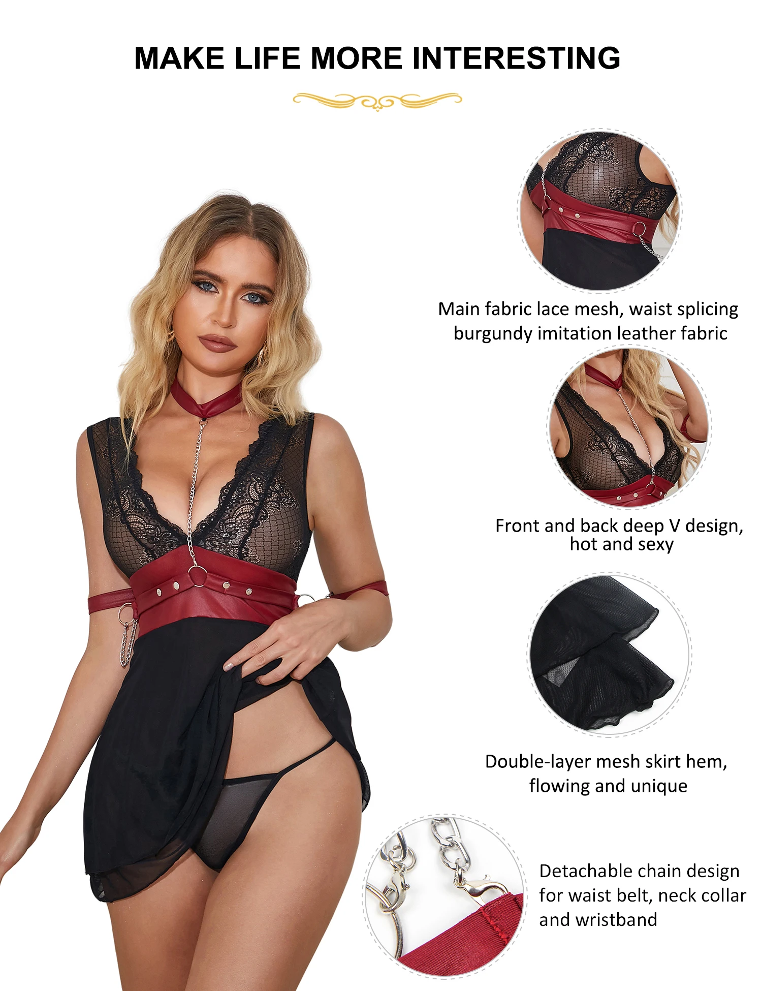 Сексуальное мини-платье Bondage Babydoll черная сетчатая кружевная одежда для сна из