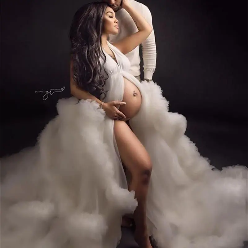 

White Ruffles Tulle Maternity Dress Prom Dress for Photo Shoot Halter V Neck Long Pregnant Robe Evening Party Gowns
