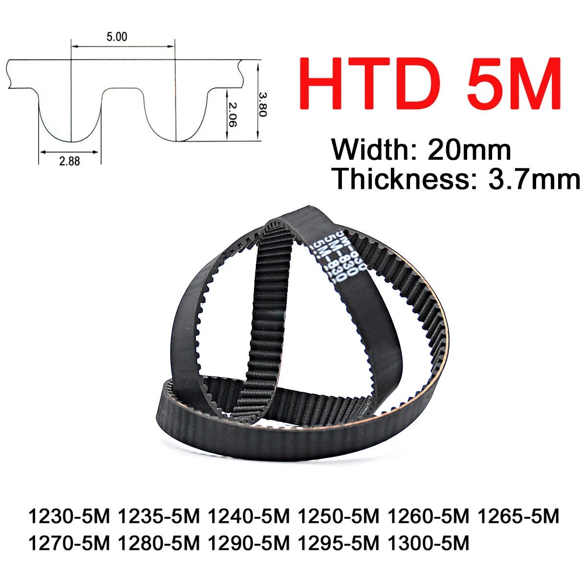 

1Pc Width 20mm 5M Rubber Arc Tooth Timing Belt Pitch Length 1230 1235 1240 1250 1260 1265 1270 1280 1290 1295 1300mm Drive Belts