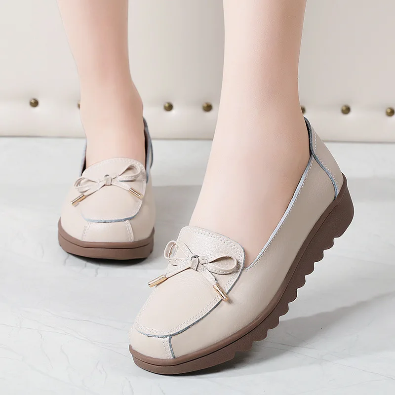 

2023 New Summer Platform Loafers for Women Sweet Girl Bowknot Solid Color Split Leather Flats Anti-skid Breathable Mother Shoes