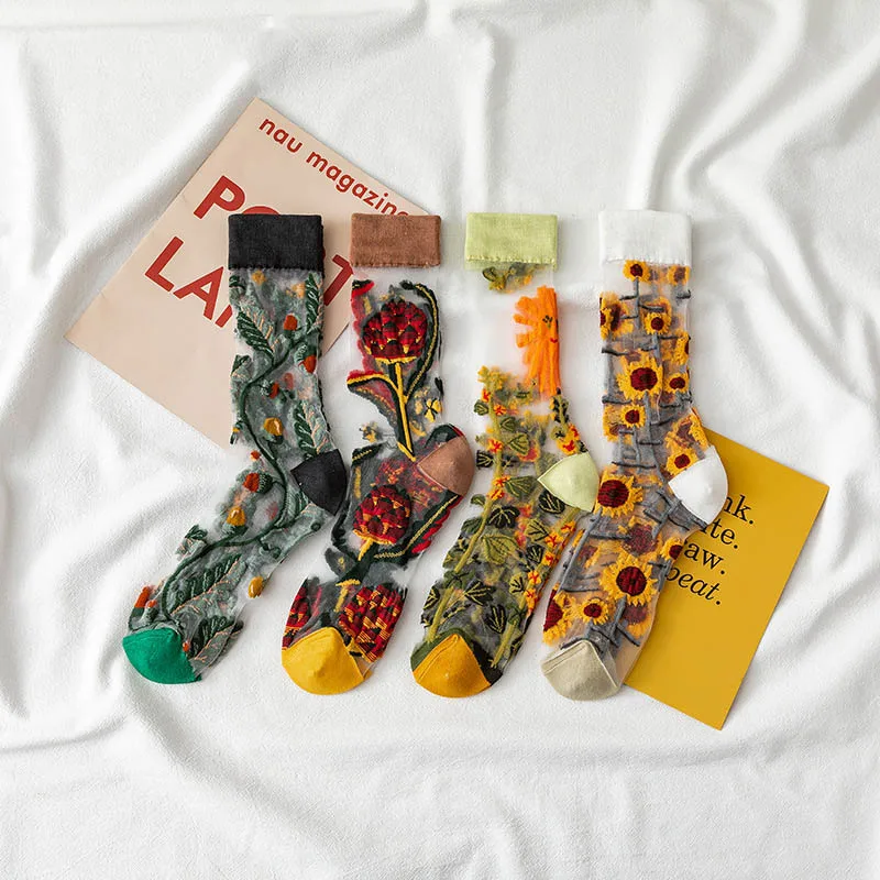 Creative Harajuku New Product Crystal Silk Tide Socks Funny Sunflowers Vines Flowers Happy Women Socks Casual High Quality Sox