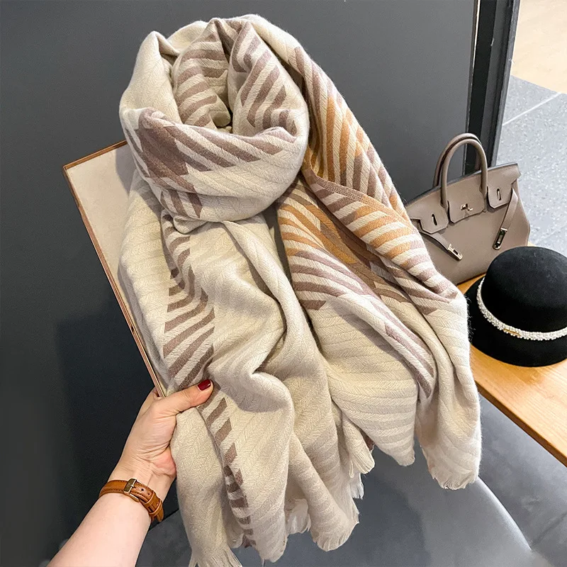 

Luxury Brand 2022 Women Winter Cashmere Scarf Warm Pashmina Shawls And Wraps Female Bufanda stripe Poncho Thick Blanket Scarves