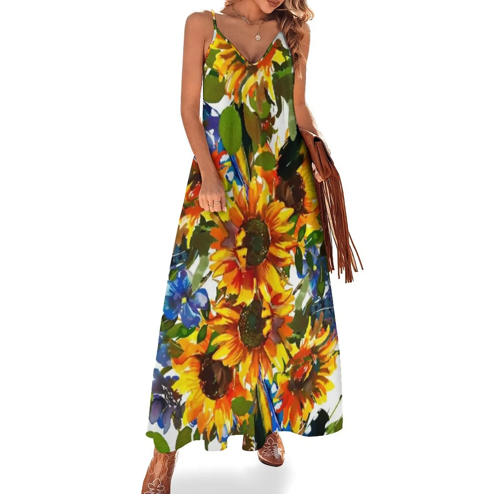 

Painted Sunflower Dress Unique Sunflowers Design Street Fashion V Neck Casual Long Dresses Pattern Vintage Maxi Dress Big Size