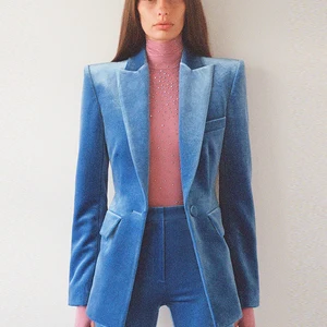 Imported HIGH STREET 2023 Fall Winter Designer Runway Suit Set Women's Single Button Velvet Blazer Jacket Fla
