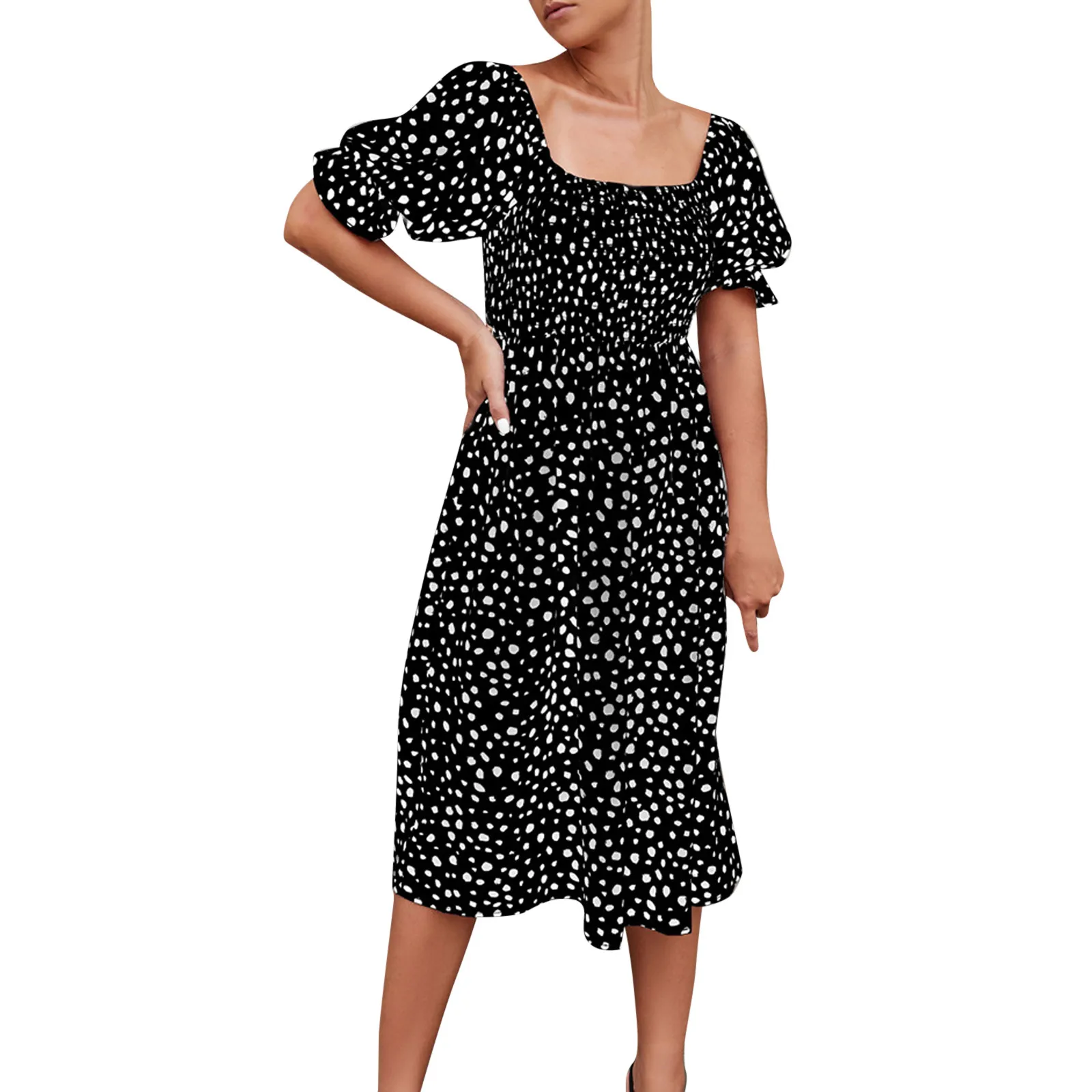 

Женское модное платье с низким вырезом, коротким рукавом, разбитое платье, свободное платье с цветочным принтом в горошек, элегантное черно...