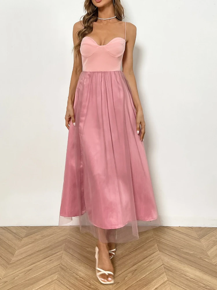 

Women French Atyle Retro Female Solid Colored Mesh Dresses 2022 New Hepburn Style Mixi Slip Slit Dress