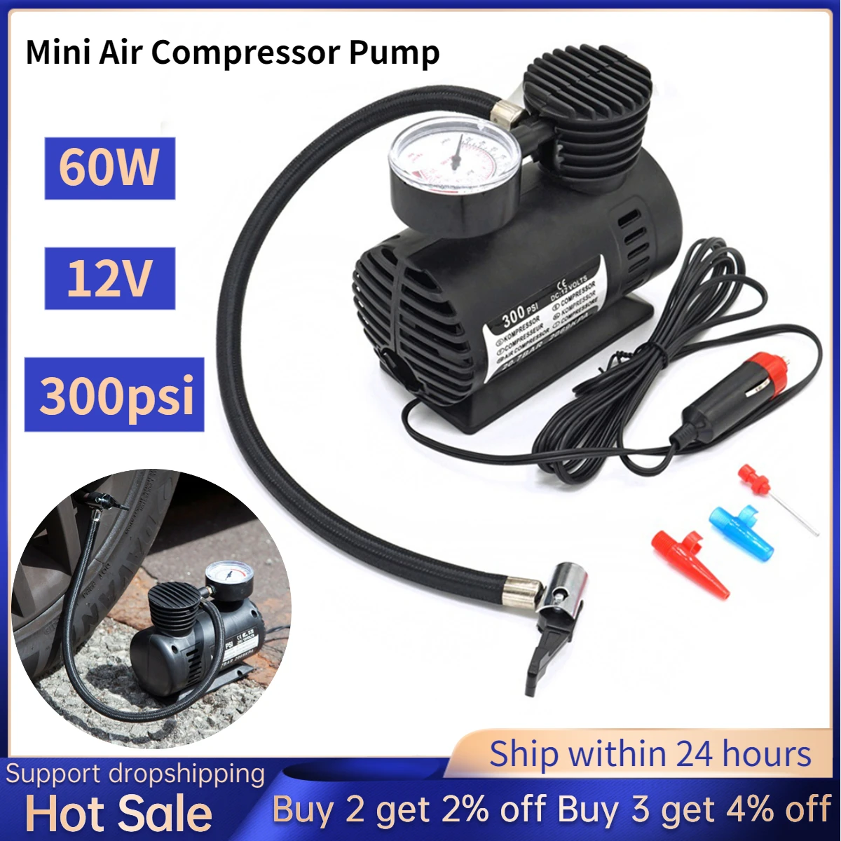 Pump Auto Car Electric Tire Inflator Pump Gauge For Bicycle Motorcycle Kayak Black