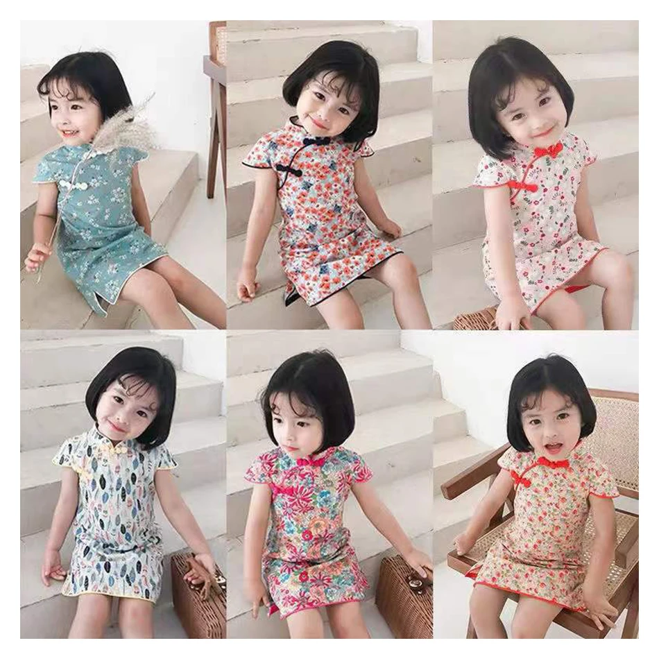 Фото Летний Cheongsam для маленьких девочек, летний улучшенный костюм Тан в китайском стиле в стиле ретро, детское облегающее платье, одежда для дня рождения №1