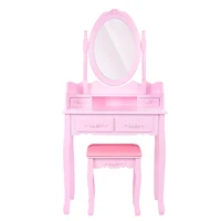 Pink Dresser Dresser with Oval Mirror and Girl Drawers (1 Mirror + 4 Drawers + 1 Stool) Dresser Set for Powder Room