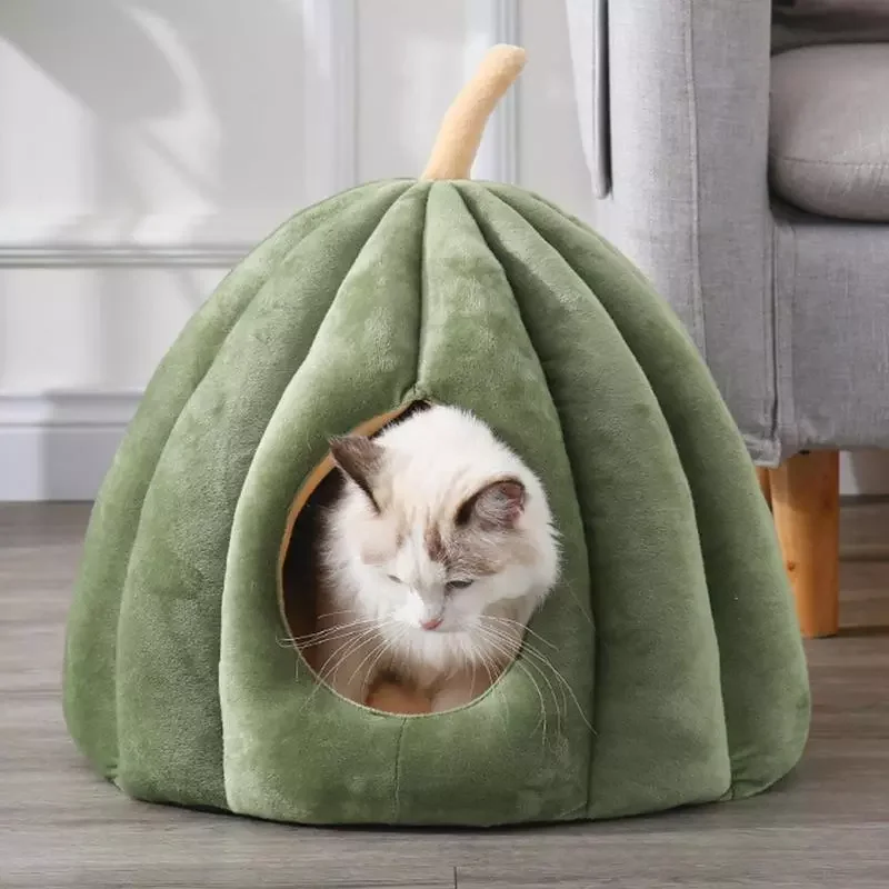 

NEW2023 Unique Pumpkin Shape Fluffy Covered Pet Bed with Removable Washable Cushion Calming Soft Houses for Indoor Cats