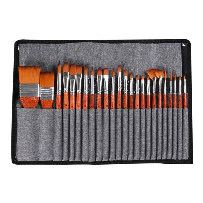 

24Pc Paint Brushes with Bag Wood Handle Artist Paintbrushes for Acrylic Gouache Oil Watercolor Canvas Boards Rock Body