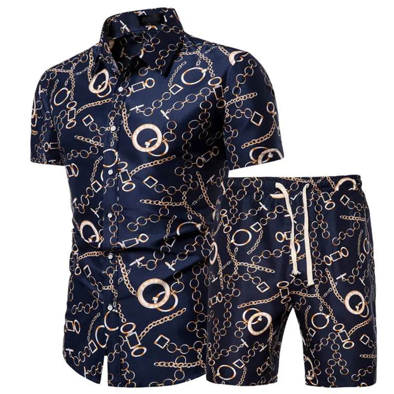 2023 Summer Men's Fashion Print Set Polo Neck Short Sleeve Shirt+Shorts Slim Fit Two Piece Fashion Casual Sports Mens Set