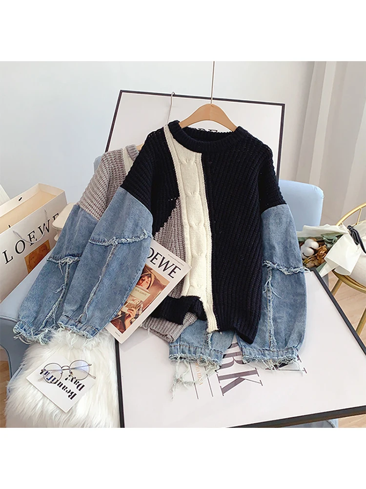 Autumn Winter 2022 Denim Stitching Sweater Women Fashion Design Loose Lazy Retro New Hip-hop Pullover Sweater Jumpers Knit Tops