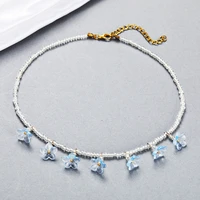 new cute korean blue flower beadeds charm necklace statement short necklace for women bohemia choker clavicle beach jewelry
