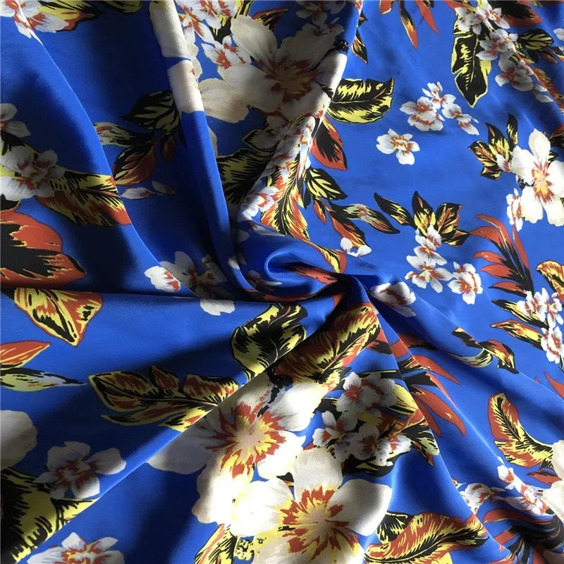 

1 meter 100% Mulberry Silk 18 momme Crepe Silk Fabric Blue Flowers Printed 138cm 54" wide by the yard JJ313