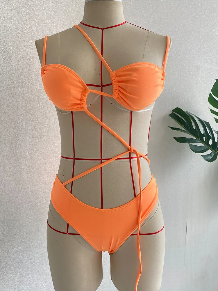 Оранжевые комплекты бикини бандажный купальник сексуальный женский купальный