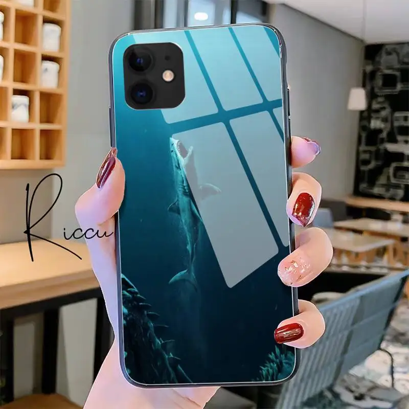 Черная Чехол с Морскими Животными Акула Кит Темное Стекло Для iPhone 11 Pro XR XS MAX 8 X 7 6SPlus SE 2020 12 13 14 Max Mini