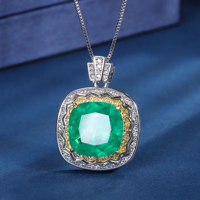 

14*14mm Princess Cut Lab Emerald Tourmaline Pendant Necklace 925 Silver Sweater Necklaces with Box Chain Women Vintage Jewelry