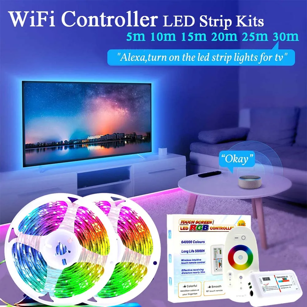 

DC 12V RGB LED Strip Light Kits SMD 5050 WiFi Smart Phone Control Lighting Tape 5m 10m 15m 20m 25m 30m Lamp Ribbon In Series
