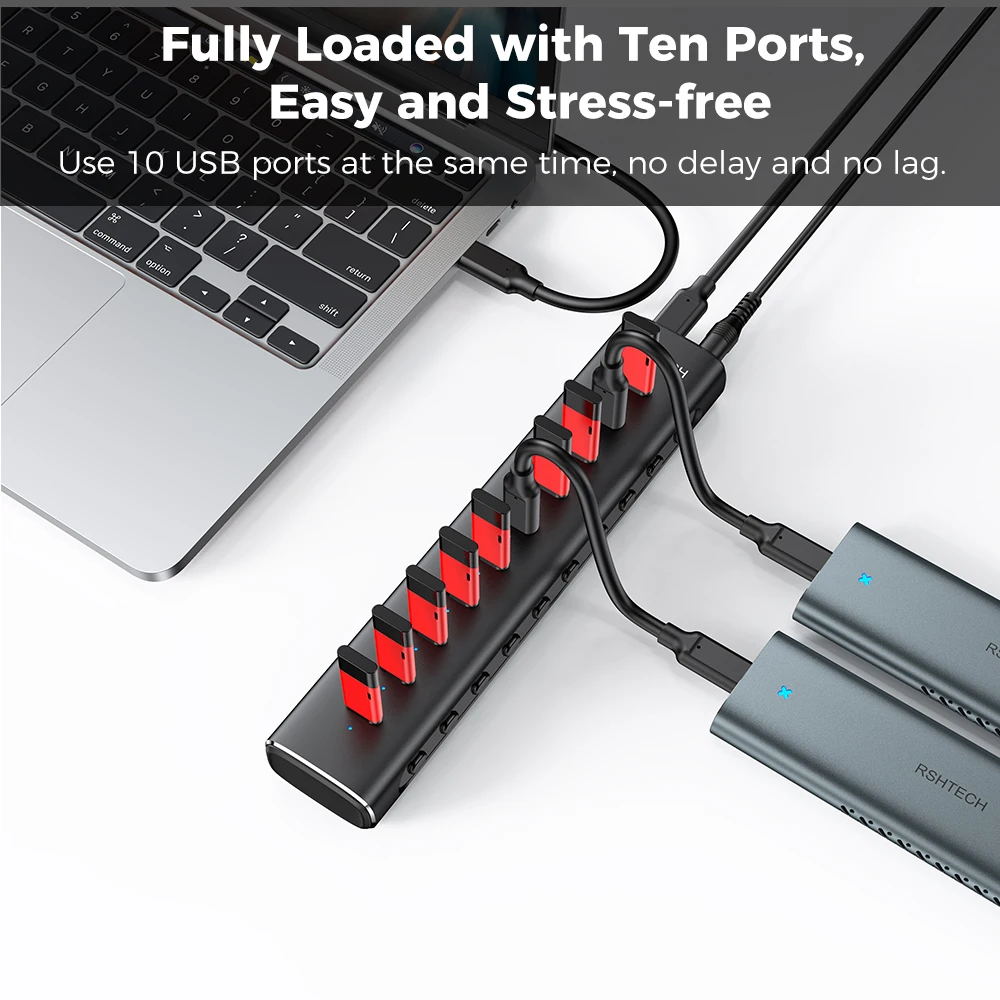 Фото RSHTECH 10-портовый USB 3.2 хаб Type-C с портами для передачи данных 10 Гбит/с и адаптером питания 12В/5А, алюминиевый USB-удлинитель для настольных ПК и ноутбуков №3