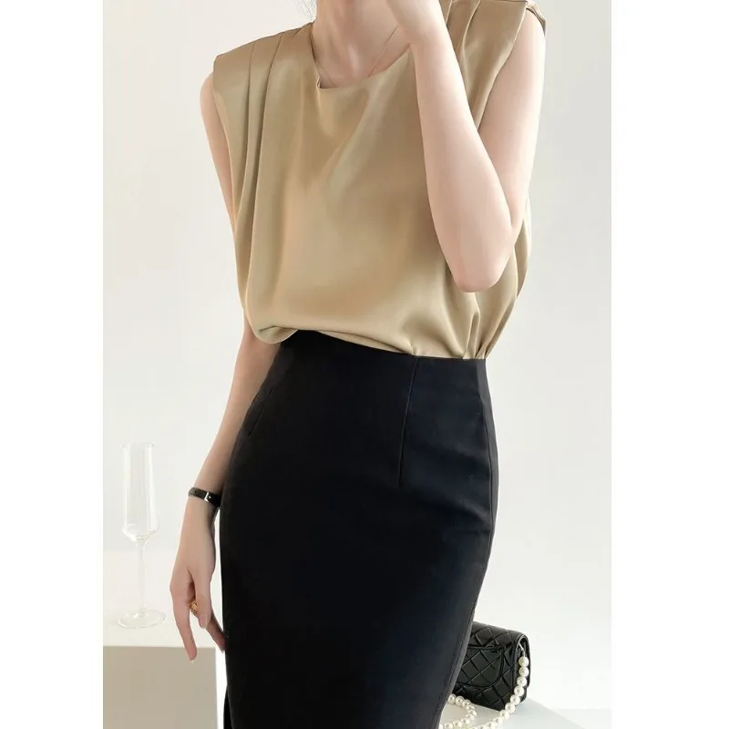 Элегантная атласная блузка QWEEK без рукавов женские офисные винтажные рубашки