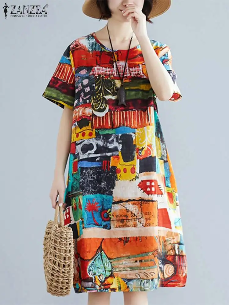 

ZANZEA O-Neck Shout Sleeve Dresses Summer Printing Women Dress Bohemian Femme Elegant Casual Loose Holiday Sundress Oversized