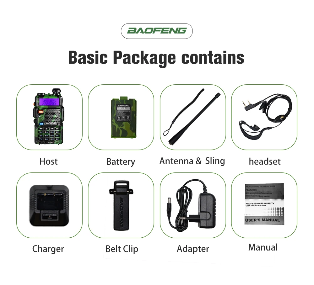 Camouflage Baofeng Radio Dual Band UV-5R 1800mAh Walkie Talkie Dual Display 136-174/400-520 MHz Two Way Radio with Free Earpiece