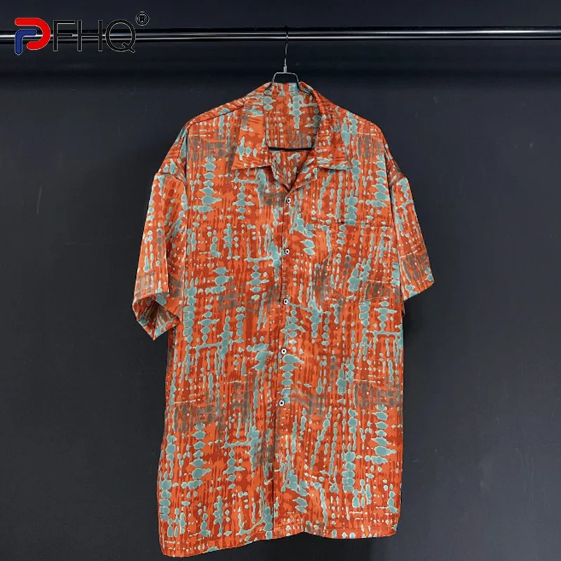 

PFHQ 2023 Summer New Fashion Casual Shirts For Men Turn-down Collar Short Sleeve Single Breasted Printing Men's Blouse 21F3829