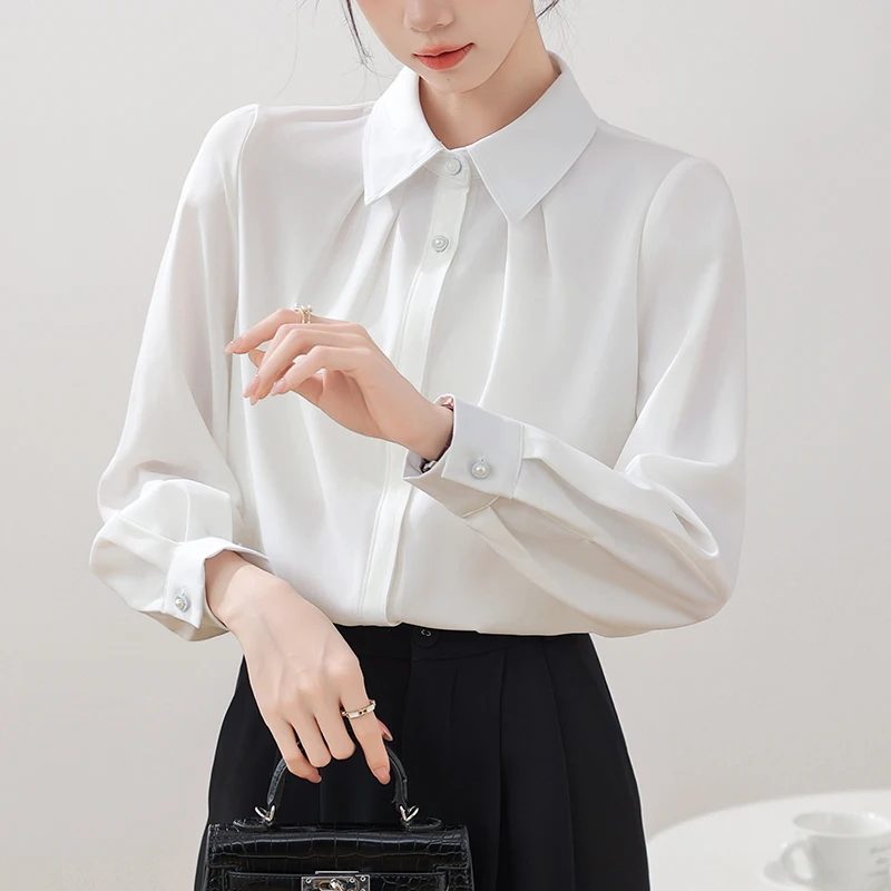 Офисная женская рубашка с длинным рукавом и отложным воротником белая блузка