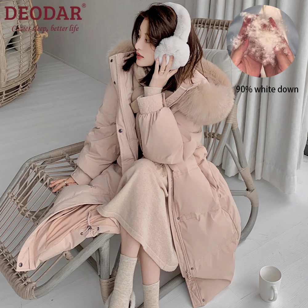 DEODAR Winter Warm Women Long Down Jacket Natural Fur Collar Hooded Parkas 90% White Duck Coat Thickness Windproof Outwear