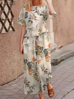 2022 summer floral wide leg tracksuits female women casual cotton matching sets zanzea bohemian printed short sleeve pant sets