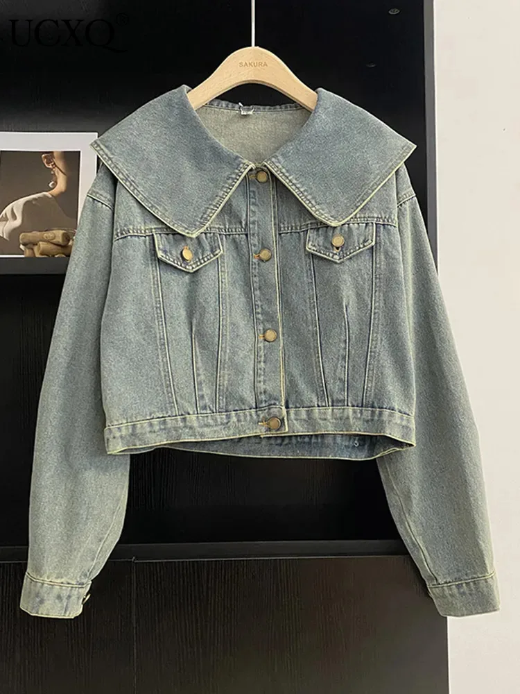 

Женская джинсовая куртка с длинным рукавом, с большими лацканами