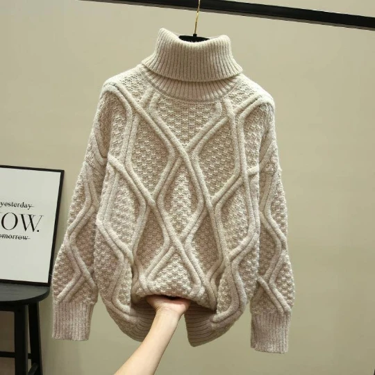 

Бежевый трендовый Женский пуловер для офиса и девушек, вязаные женские свитера для девушек, топы с высоким воротником, плотный женский свитер, топ, пальто, тканевый свитер