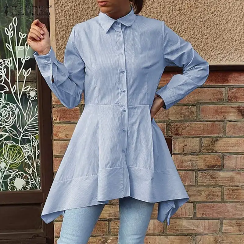 

Женские повседневные рубашки OL, модные женские топы оверсайз с асимметричным подолом, блузы ZANZEA в полоску с принтом, блузки с длинным рукаво...