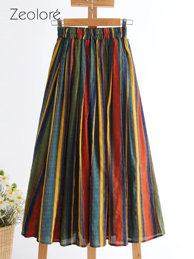 

Zeolore Spring Summer Women High-waisted Vertical Striped Skirts Women Chiffon Midi A-line Skirt With Big Swing QT1718