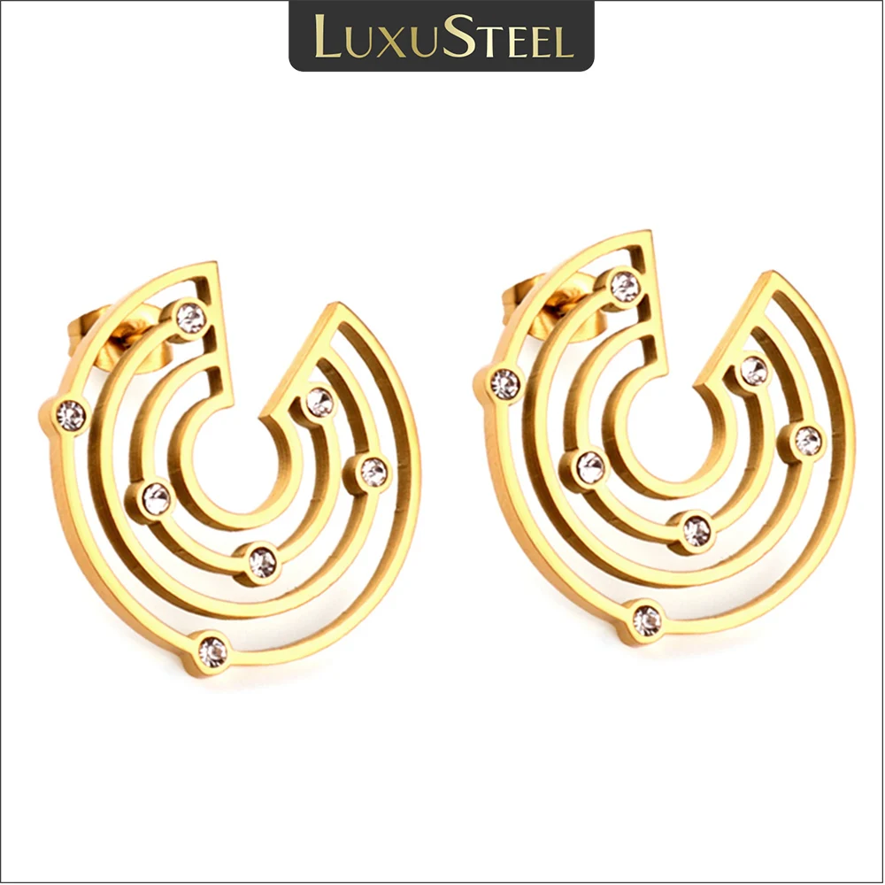 

LUXUSTEEL 2022 New Punk Round CZ Stud Earrings For Women Mosquito Coin Shape Earring Gold Plated Stainless Steel Unusual Jewelry