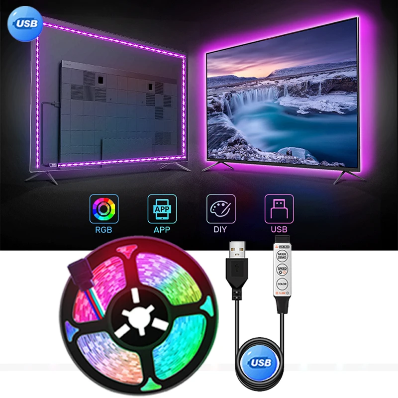 

USB Светодиодная лента DC 5 в 1 м 2 м 3 м 4 м 5 м Мини 3 клавиши гибсветильник ная лампа SMD 5050 настольное украшение экран ТВ подсветильник ка