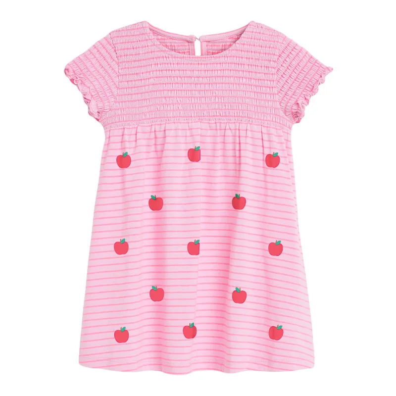 

Little Maven New Summer Children Pink Apple Striped Printed O-neck Girls 2-7yrs Short-Sleeved Cotton Knitted Cute Dresses
