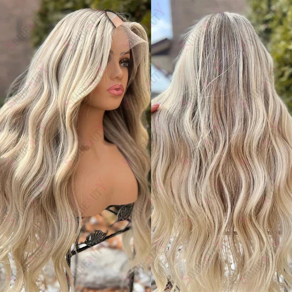 

Ombre Ash Blonde Wavy 1X4 V Part Wigs Middle Open Human Hair Wig For Women Brazilian Remy 200density U Shape Full Machine Made