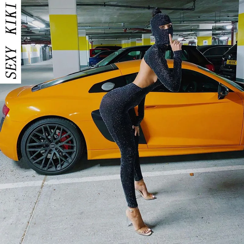 Women's 2022 autumn new long-sleeved high-necked sexy backless hip-lifting tight-fitting sports jumpsuit with headgear