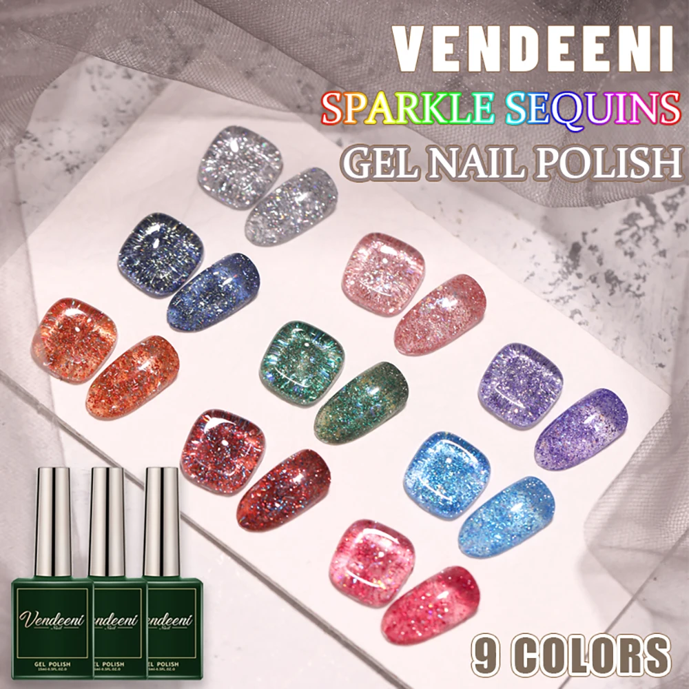 

Vendeeni, 9 цветов, блестящий гель-лак с блестками, полуперманентный гель-лак для дизайна ногтей, блестящий УФ-гель-лак